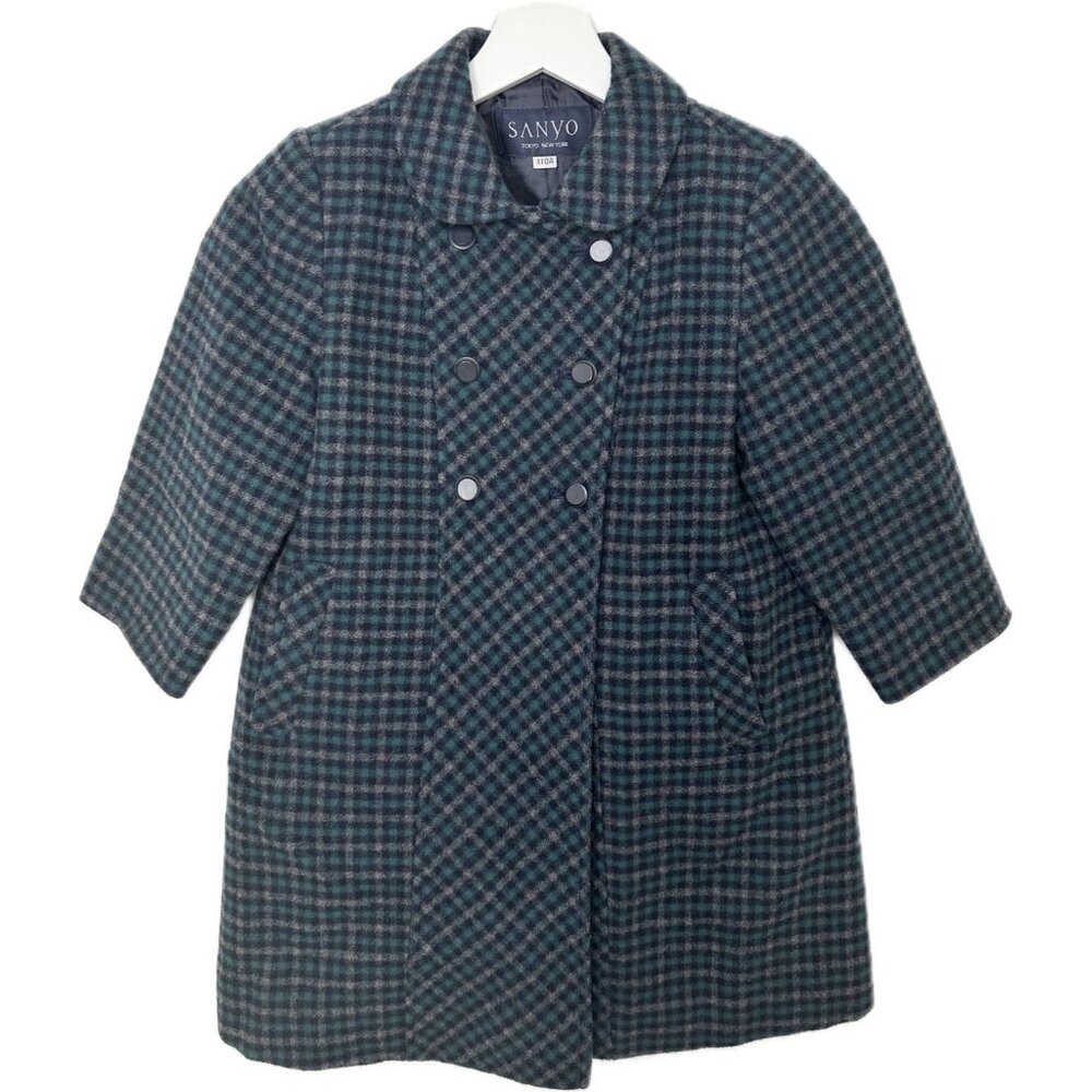 SANYO Tokyo Girl Wool Plaid Coat Size 4 Green Double Breasted Japan - Picture 2 of 11